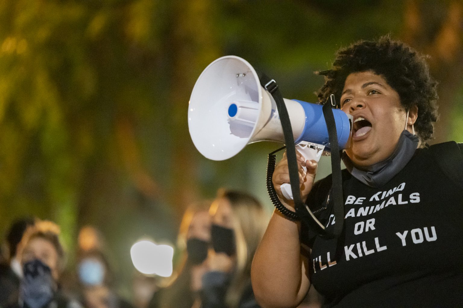 This image from July 17 shows the woman who appears to be the militant protester who said, 'I am not sad that a fucking fascist died tonight.' Photo by Ethan E. RockeCoffee or Die Magazine.